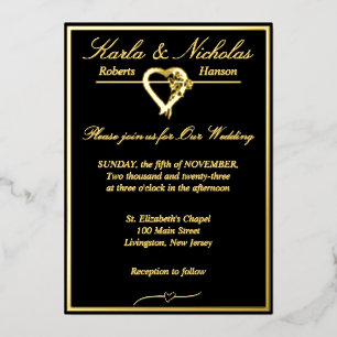 Herz und Rose, feierliche Schwarze Hochzeit, Gold  Folieneinladung