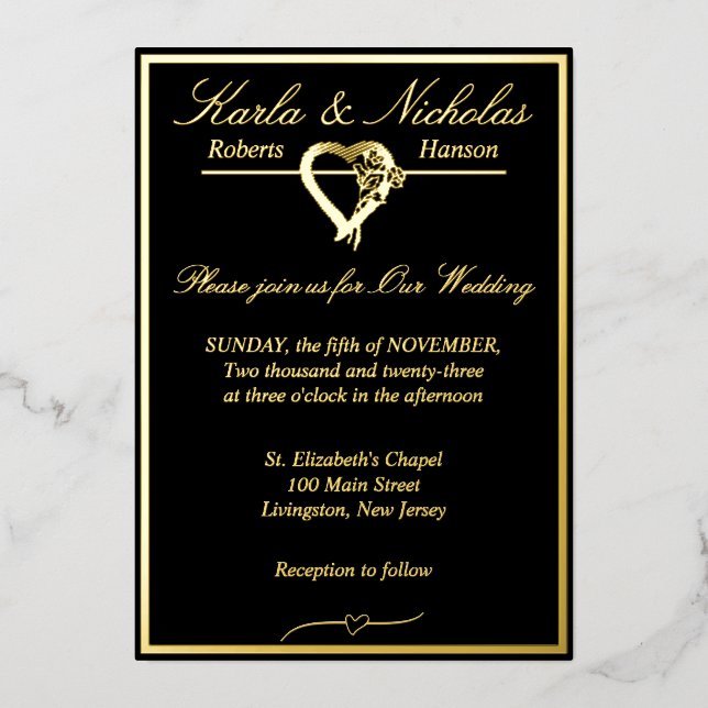 Herz und Rose, feierliche Schwarze Hochzeit, Gold  Folieneinladung (Vorderseite)