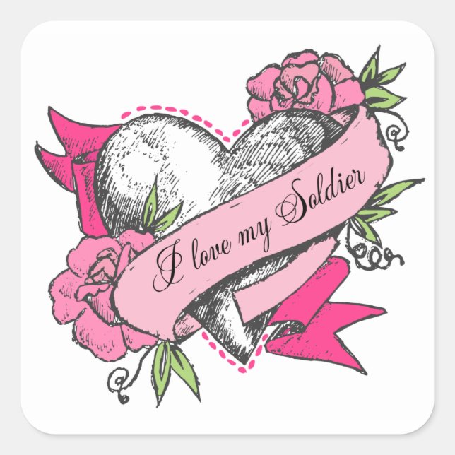 Herz und Rose Quadratischer Aufkleber (Vorderseite)