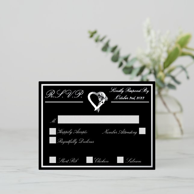 Herz und Rose, RSVP Silver, Black Wedding Folie Einladungspostkarte (Stehend vorne)