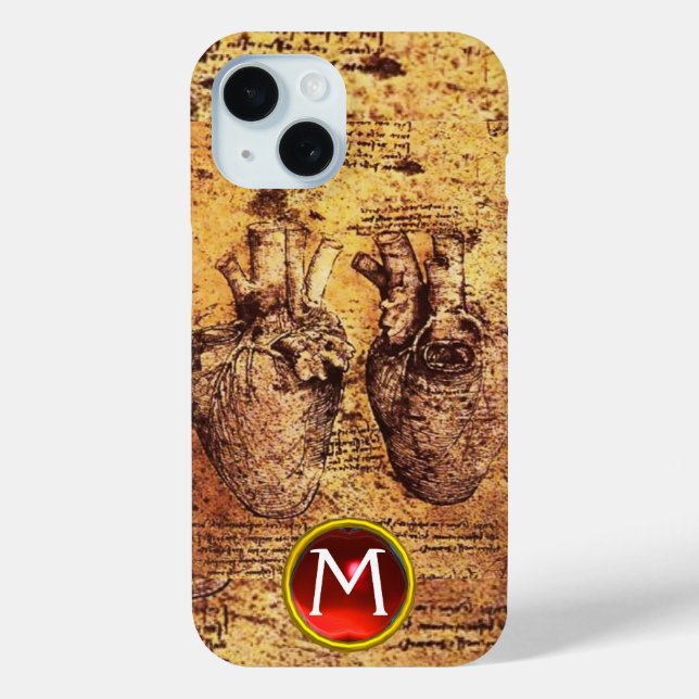 Herz und seine Blutgefäße Pergament Gem Monogramm iPhone 15 Hülle (Rückseite)