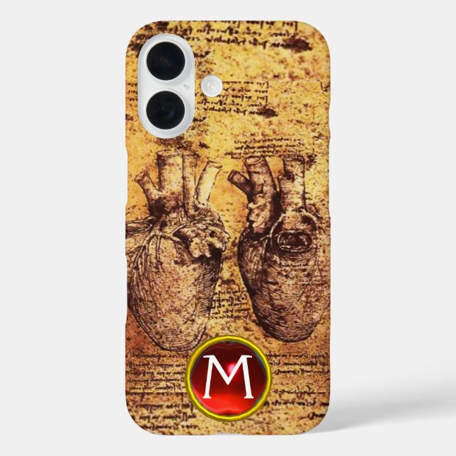 Herz und seine Blutgefäße Pergament Gem Monogramm iPhone 16 Hülle (Rückseite)