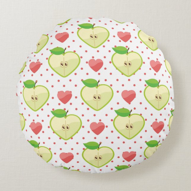 Herzäpfel mit rosa Polka-Punkten und Herz Rundes Kissen (Vorderseite)
