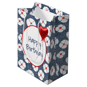 Herzballon auf dem Floral Denim Mittlere Geschenktüte