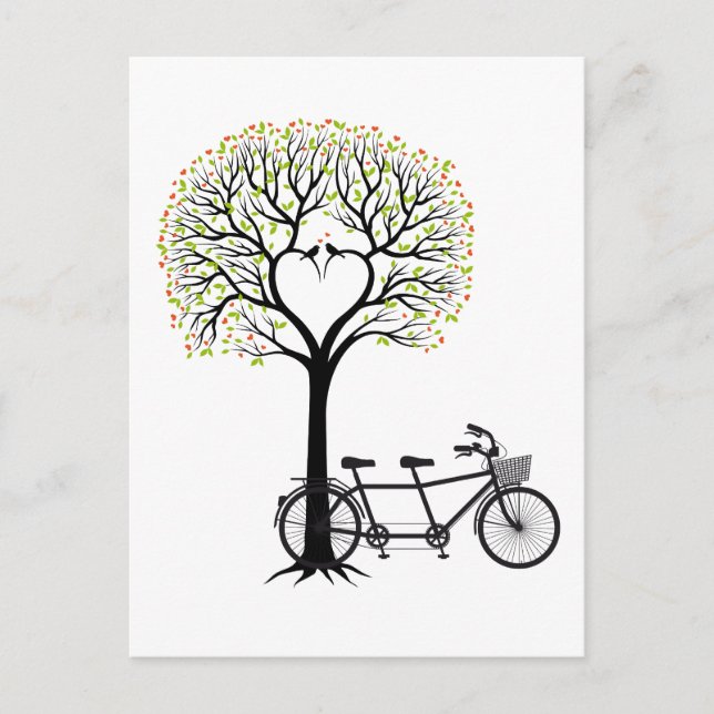 Herzbaum mit Vögeln und Tandemfahrrad Postkarte (Vorderseite)