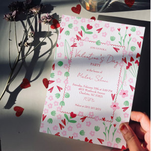 Herzblütenwiese auf Weiß – Rosa & Rotes Valentinst Einladung