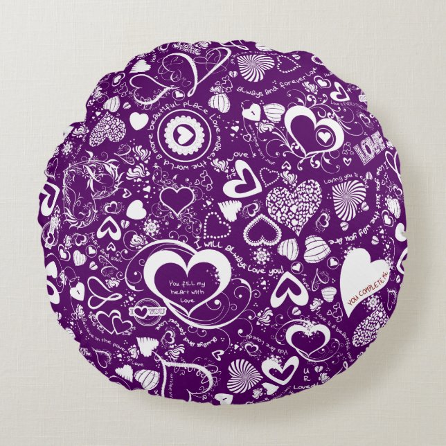 Herzdoodles, Lila rundliches Liebe Kissen (Vorderseite)