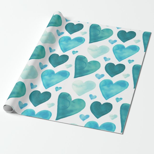 Herzen - aquamarine Watercolor-Herzen Geschenkpapier (Ungerollt)