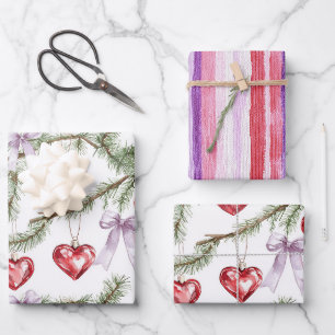 Herzen Bäume Rot Violett Schleifen Streifen Weihna Geschenkpapier Set