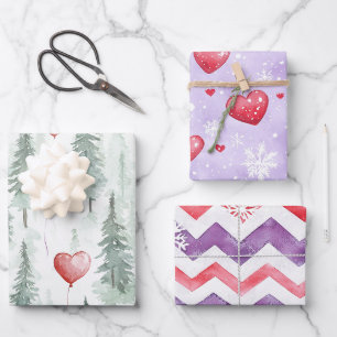 Herzen Bäume Schneeflocken Rot Lila Weihnachten Geschenkpapier Set