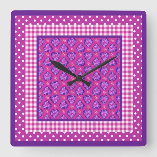 Herzen, Blume, Karos und Polka-Punkte Quadratische Wanduhr (Vorderseite)