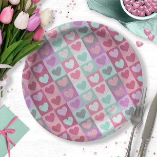 Herzen im Kästchen-Muster Aqua/Rosa ID629 Pappteller