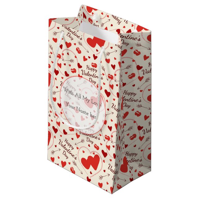 Herzen in Rot-Weiß-Valentin Kleine Geschenktüte (Vorderseite Schrägansicht)