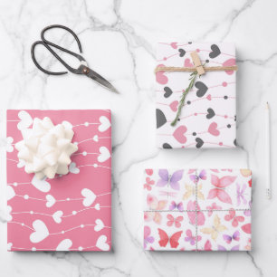 Herzen Schmetterlinge Rosa Weiß Grau Geschenkpapier Set