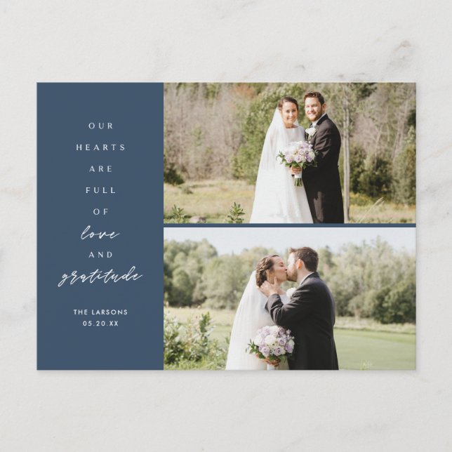 Herzen sind voll zwei Foto Hochzeit Vielen Dank Postkarte (Vorderseite)