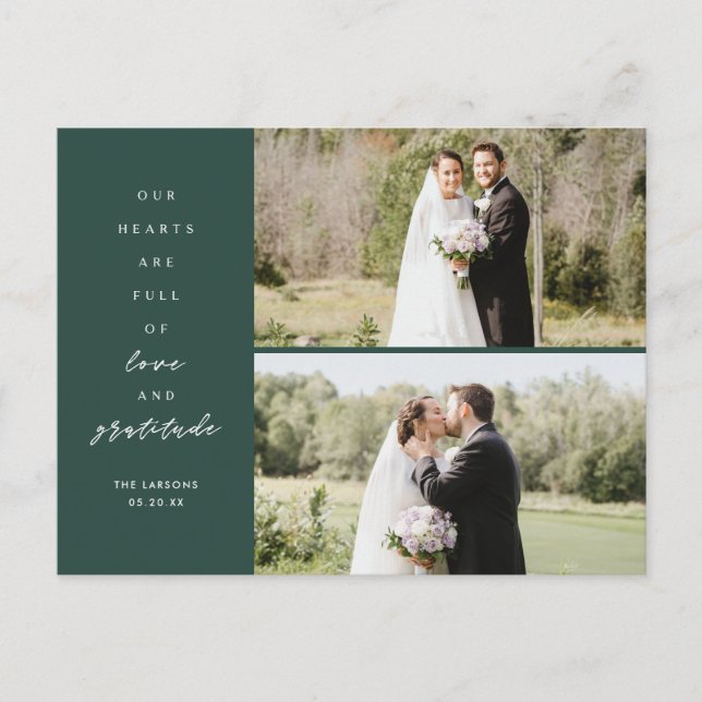 Herzen sind voll zwei Foto Hochzeit Vielen Dank Postkarte (Vorderseite)