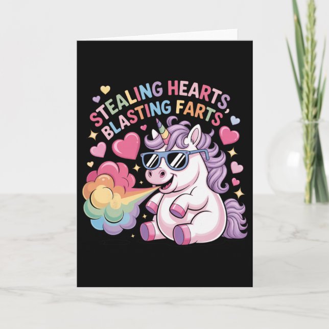 Herzen stehlen, Fürze knallen, Einhorn Valentinsta Karte (Vorderseite)