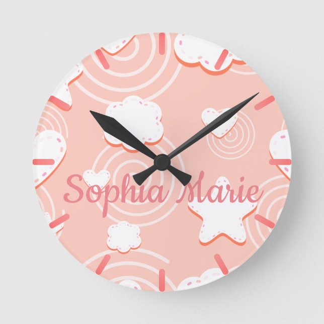 Herzen, Sterne und Wirbel aus rosa Brise Runde Wanduhr (Vorderseite)