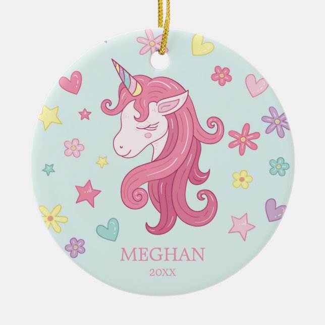 Herzen u. Blumenunicorn-Weihnachtsverzierung Keramik Ornament (Vorne)