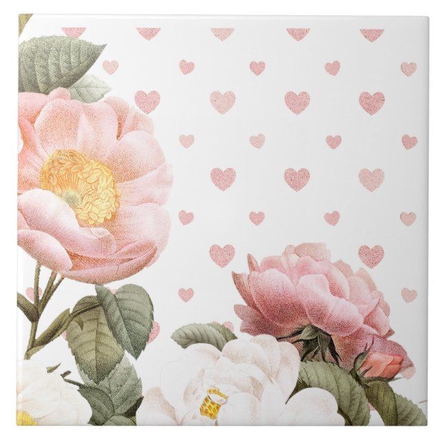 Herzen und Blume in hübschem Pastellrosa Fliese (Vorderseite)