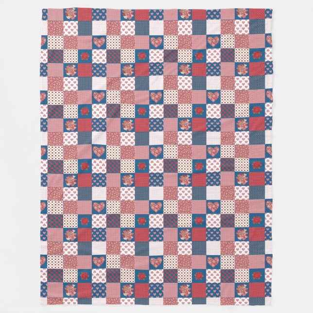 Herzen und Rosen Faux-Patchwork-Fleece-Decke Fleecedecke (Vorderseite)