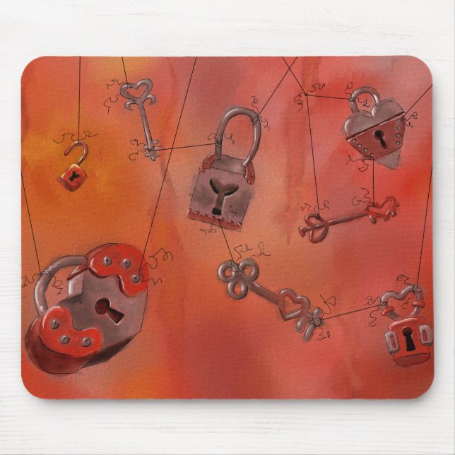 Herzen und Verschlüsse, Aquarell-Malerei Mousepad (Vorne)