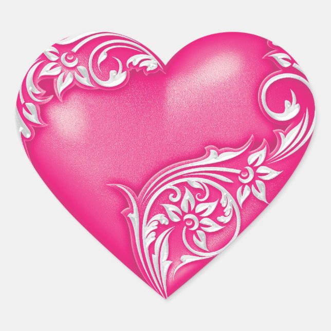 Herzenscroll Hot Pink w White Herz-Aufkleber (Vorderseite)