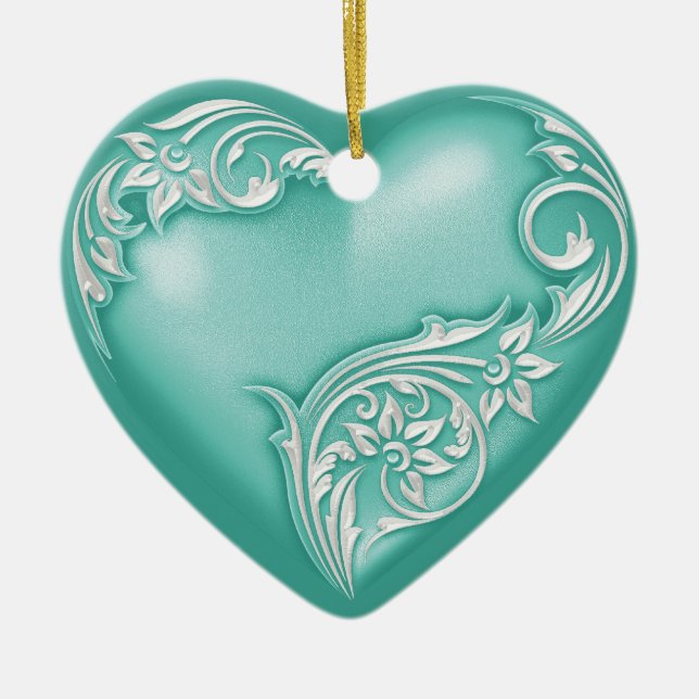 Herzenscroll Türkis w Weiß Keramik Ornament (Vorne)