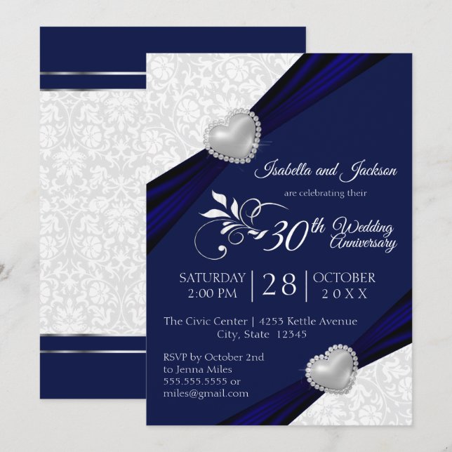 Herzensjubiläum Design - Navy und White Einladung (Vorne/Hinten)