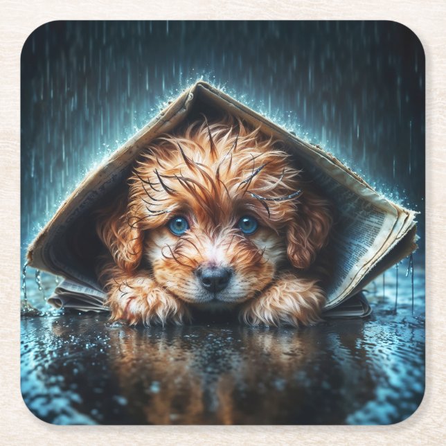 Herzerwärmender feuchter Hund bei Sturmwetter Rechteckiger Pappuntersetzer (Vorderseite)