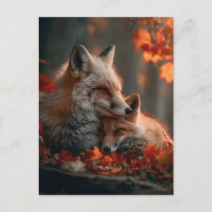 Herzerwärmendes Rotes-Fuchs-Paar im Herbstwaldlaub Postkarte