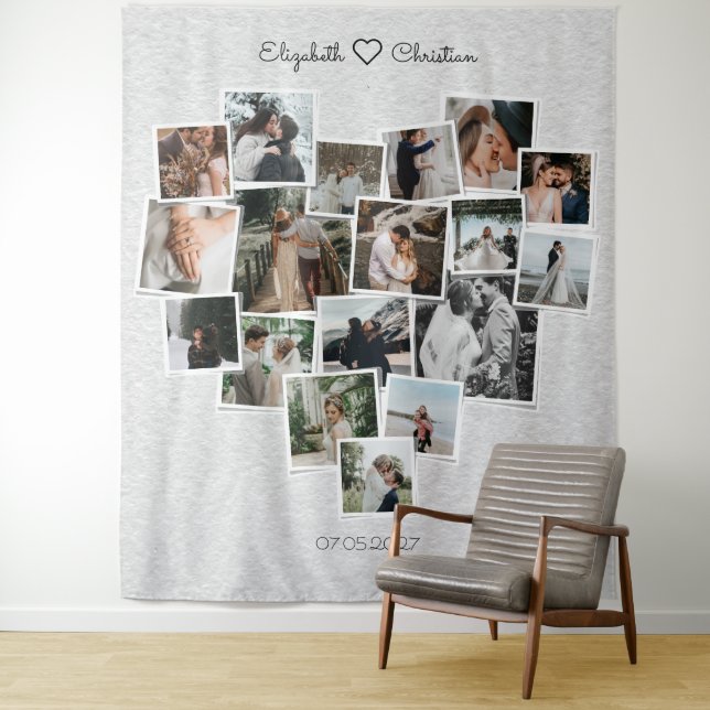 Herzform Foto Collage Liebliche Hochzeitsgeschicht Wandteppich (Beispiel)