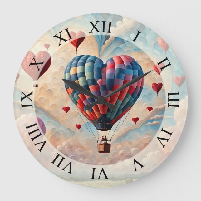 Herzform Heißluftballon Große Wanduhr (Vorderseite)