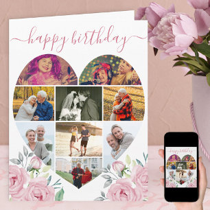 Herzförmige 9-Foto-Collage rosa Pfingstrose Geburt Karte