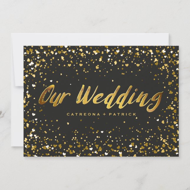 Herzförmige Confetti Black Gold Wedding Einladung (Vorderseite)