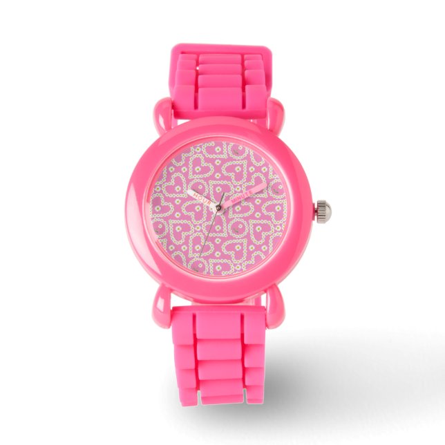 Herzförmige Daisy Chains, Pink Kids Glitzer Watch Armbanduhr (Vorderseite)