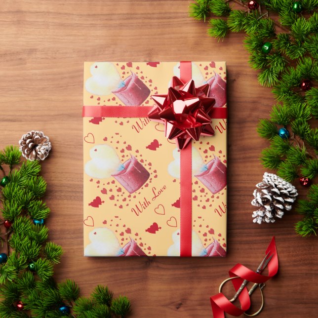 Herzförmige Flamme auf pfirsichfarbenem Hintergrun Geschenkpapier (Feiertagsgeschenk)