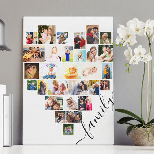 Herzförmige Fotocollage Familien Schrift Weiß Leinwanddruck