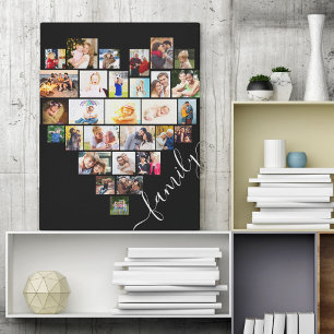 Herzförmige Fotocollage Familien Schriftzug Leinwanddruck