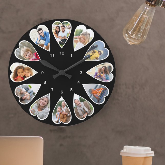 Herzförmige Fotos Schwarz-Weiß-Runde Große Wanduhr (Photo clock with 12 heart shaped photos. Unusual design for your home and a thoughtful photo gift.)
