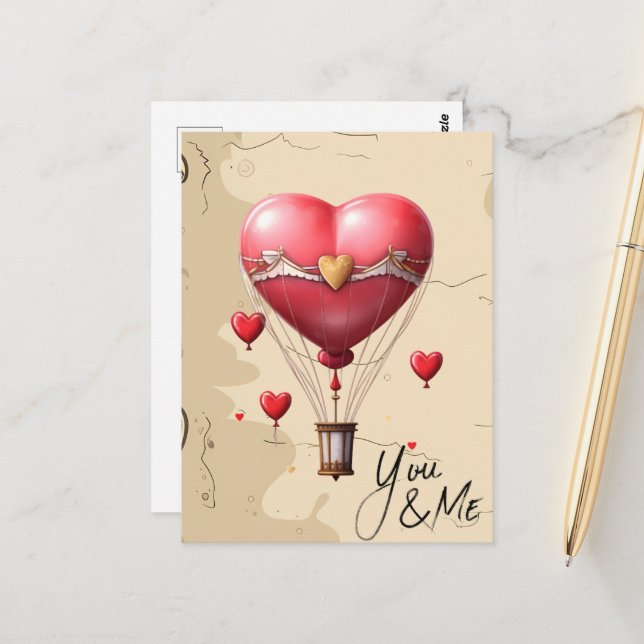 Herzförmige Heißluftballon Romantische Valentinin Postkarte (Vorderseite/Rückseite Beispiel)