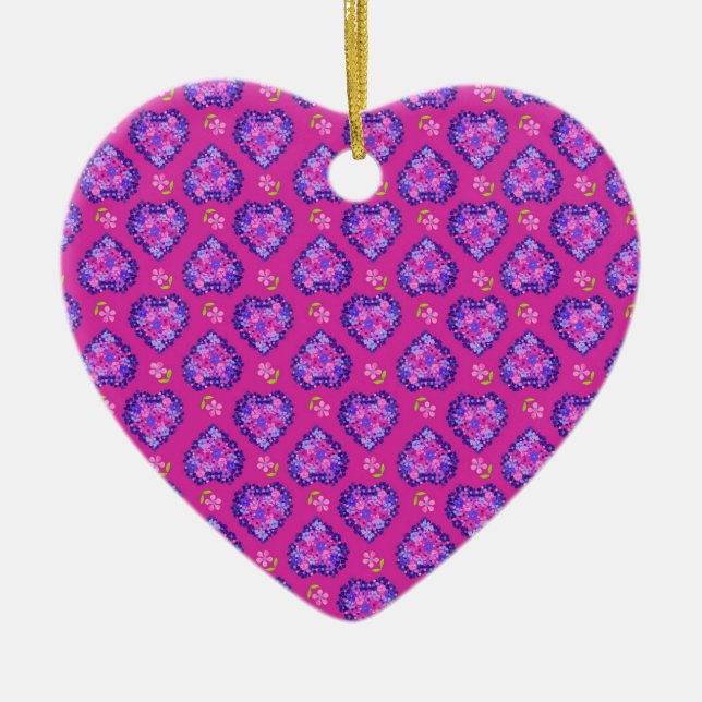 Herzförmige Ornamente, Magentaherzen und Blume Keramik Ornament (Vorne)