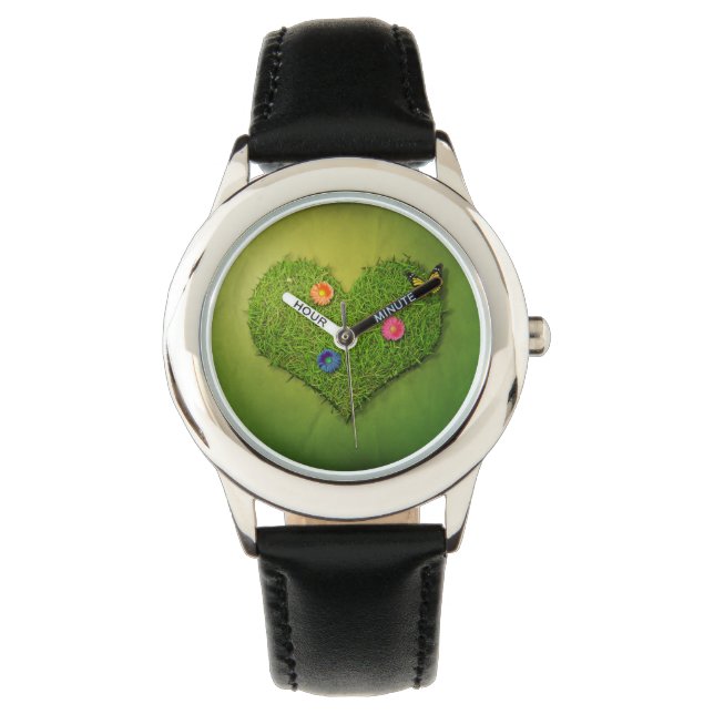 Herzförmige Rasen-Blume Schmetterling Armbanduhr (Vorderseite)