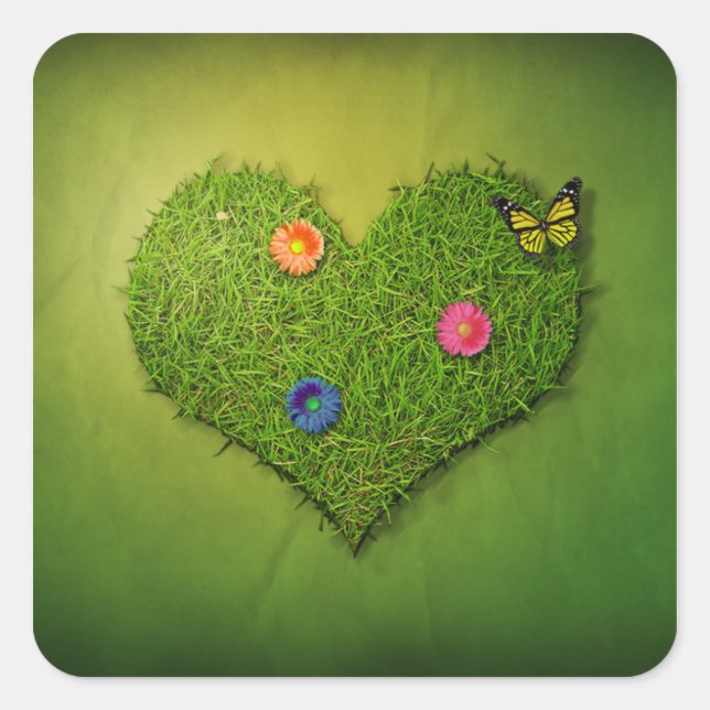 Herzförmige Rasen-Blume Schmetterling Quadratischer Aufkleber (Vorderseite)