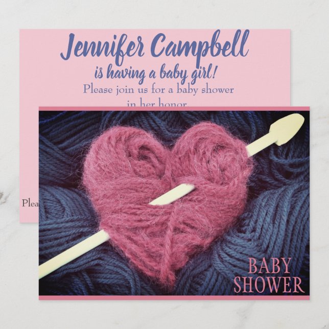 Herzförmige Rosa-Garn-Babydusche Einladung (Vorne/Hinten)