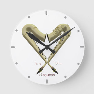 Herzförmige Saxophone-Wandklemme für Paare Runde Wanduhr