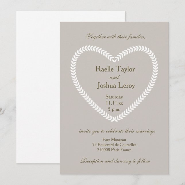 Herzförmige White Gray Taupe Hochzeit Einladung (Vorne/Hinten)