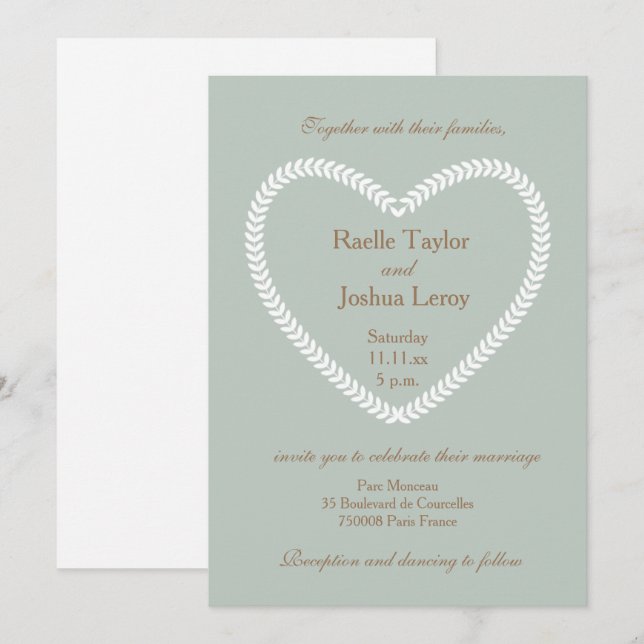 Herzförmige White Sage Gold Hochzeitseinladung Einladung (Vorne/Hinten)
