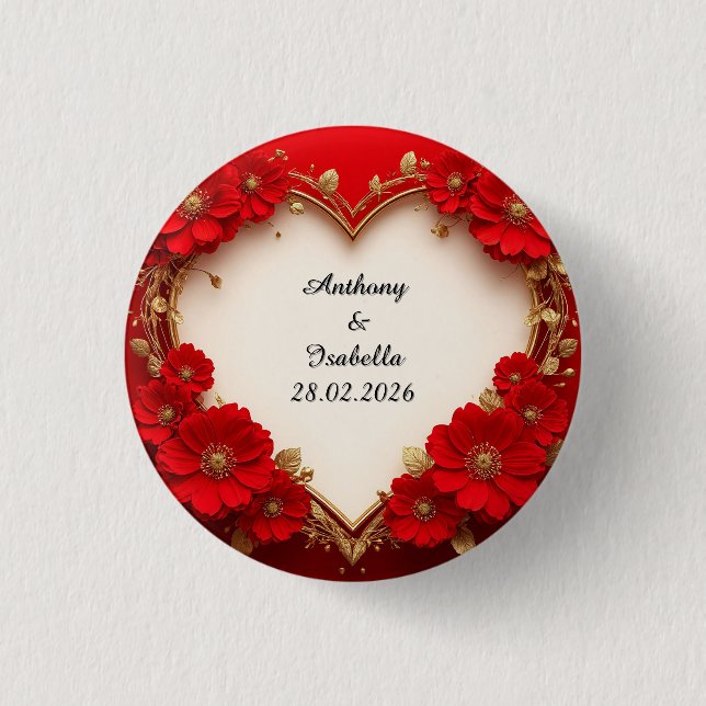Herzförmiger roter Blumenrahmen mit Glitter Button (Vorderseite)