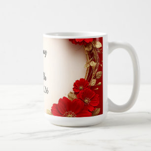 Herzförmiger roter Blumenrahmen mit Glitter Kaffeetasse